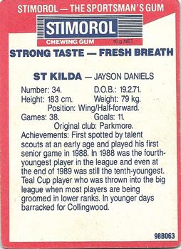 1990 AFL Scanlens Stimorol #143 Jayson Daniels Back